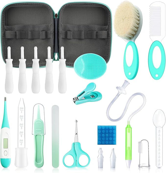 Baby Healthcare and Grooming Kit, 21 in 1 Portable Baby Essentials Kit with Gas Relief Hair Brush Comb Nasal Aspirator for Newborn Boys Girls (21 Kits-Green)-CubbioJoy