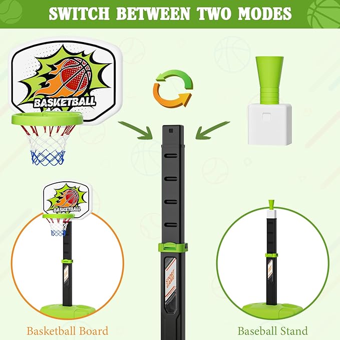 3 in 1 Toddler Basketball Hoop and Tee Ball Set for Boys: Kids Baseball Tee with Automatic Pitching Machine Adjustable Height Indoor and Outdoor Sports Toys Christmas Birthday Gifts for Boy Age 3-12-CubbioJoy