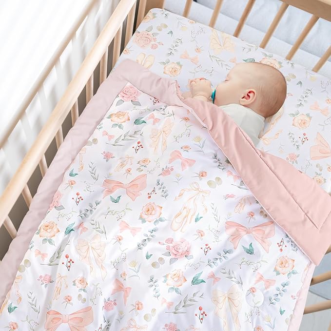 GFU Crib Bedding Set for Girls 4-Piece, Bow Baby Girl Crib Bedding Set Pink Flowes, Nursery Sets Includes Comforter, Fitted Crib Sheet, Crib Skirt, and Diaper Stacker-CubbioJoy