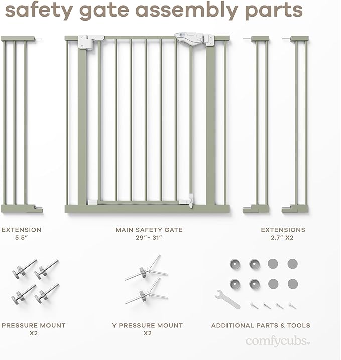 Comfy Cubs Baby Safety Gate with 3 Extensions - Adjustable 42" x 1.9" x 30" Q195 Steel Doorway Barrier - Powder-Coated Finish for Stairs and Doorways - Walk-Through Design Pet Gate - Sage-CubbioJoy