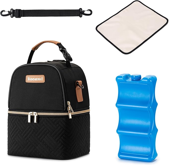 Breastmilk Cooler Bag with Ice Pack & Mat Fit 6 Bottles Up to 9 Ounce, Baby Bottle Cooler Bag for Moms, Daycare & Travel, Black-CubbioJoy