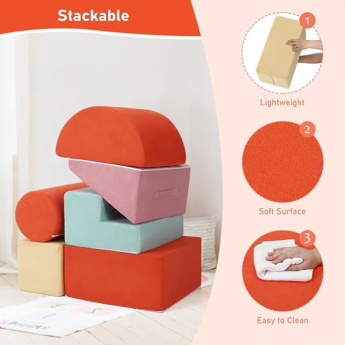 6-Piece Soft PU Leather Toddlers Climbing Toys, Baby Foam Climbing Blocks for Babies Toddlers, Waterproof Foam Play Gym Climber Structures for Toddler 3, Indoor Climb and Crawl Activity Play Set-CubbioJoy