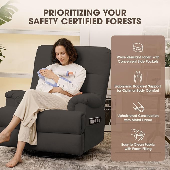 Dark Grey Glider Rocker Recliner,Swivel Rocking Recliner Chair,Glider Rocking Chair,Reclining Sofa Rocking Chair Nursery,23 Inches Deep Seat & 27 inches High Back,for Living Room-CubbioJoy