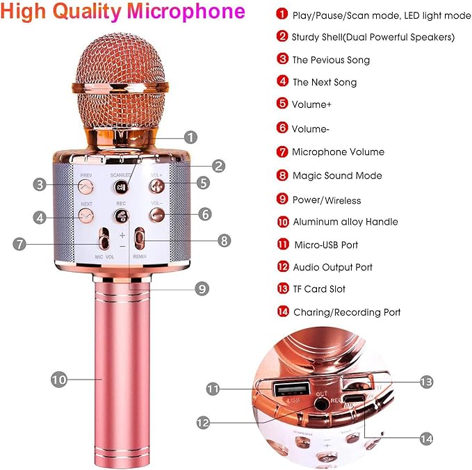BlueFire 4 in 1 Karaoke Wireless Microphone with LED Lights, Portable Microphone for Kids, Great Gifts Toys for Kids, Girls, Boys and Adults (Pink)-CubbioJoy