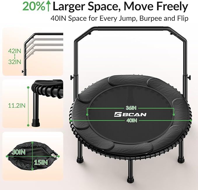 BCAN 40"/48" Mini Rebounder Trampoline for Adults with Bar, 450/550LBS Fitness Trampoline with Bungees, Adjustable Handle, Stable & Quiet, Indoor Outdoor, Whole-Body Workout & Relaxation at Home-CubbioJoy