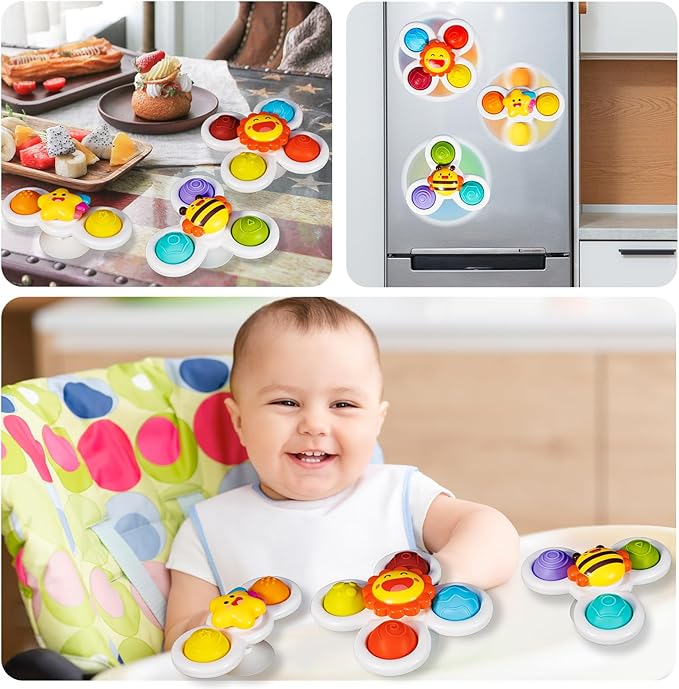 ALASOU 3PCS Pop Suction Cup Spinner Toys for 1 Year Old Boy Girl|Novelty Spinning Tops Toddler Toys Age 1-2|Sensory Baby Bath Toy for Toddlers 1-3|12 18 Months Boy Birthday Gift for Infant-CubbioJoy