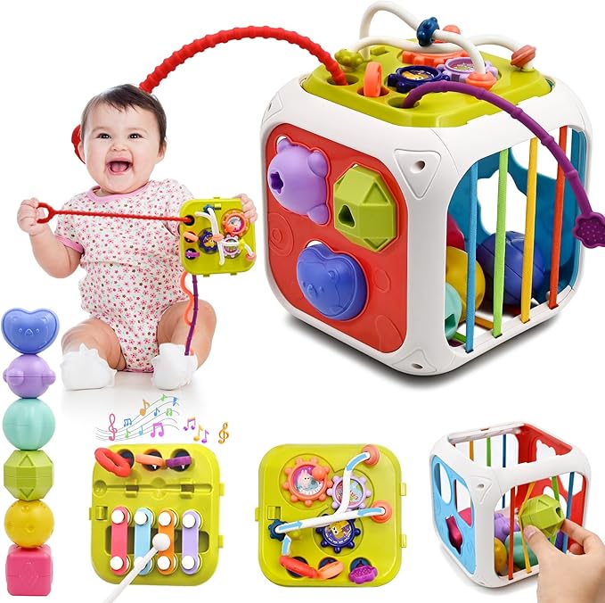 AiTuiTui Multifunction Baby Sensory Activity Cube Toys for 12 18 Months, Shape Sorter Early Learning Educational Interactive Toys for Toddlers 1 2 Year Old Boy Girl, 1st Birthday Gifts-CubbioJoy