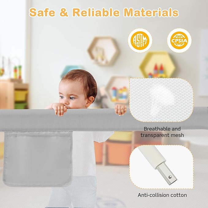BABY JOY Bed Rail for Toddlers, 47''Long, Height Adjustable & Foldable Baby Bed Rail Guard w/Storage Pocket & Double Safety Child Lock for Kids Twin Double Full Size Queen King Mattress (Grey)-CubbioJoy