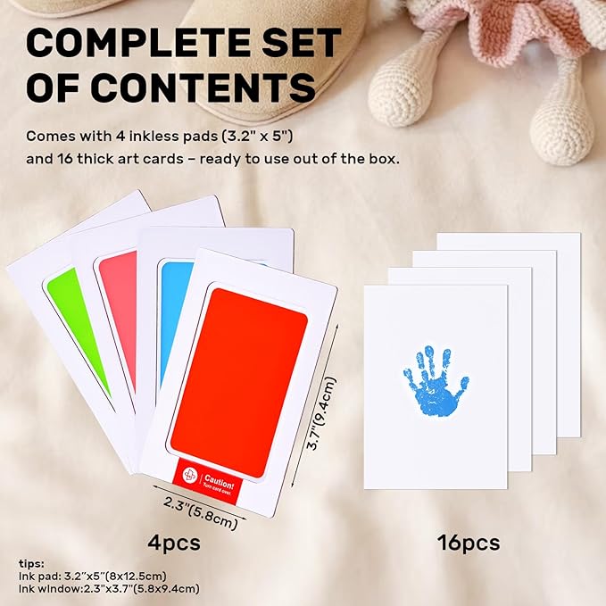 4-Pack Inkless Baby Hand and Footprint Kit with Mess-Free Ink Pad – Baby Safe Ink Pad for Hand, Foot & Paw Prints – Newborn Footprint & Paw Print Kit for Dogs and Cats – 16 Cards(Candy)-CubbioJoy