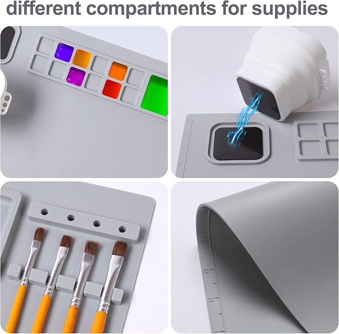 AWOKE Silicone Painting Mat - 20"X16" Silicone Art Craft Mat with 1 Water Cup for Kids -12 Color Dividers - 2 Paint Dividers (Grey)-CubbioJoy