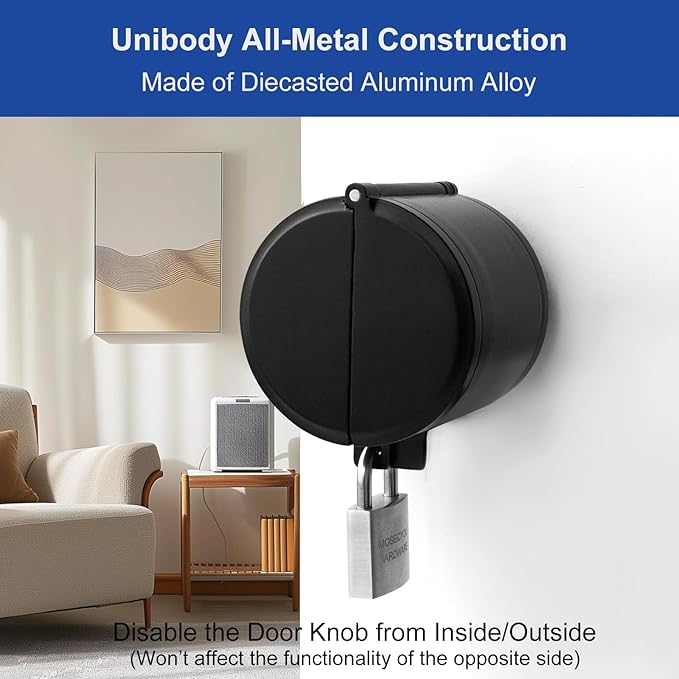 Door Knob Lockout Device, All-Metal Adjustable Version, Cover to Disable Doorknob, Prevents Turning of Knob & Block Access to Keyhole, Safety Extra Lock for Kids/Elderly/Bedroom No Drill-CubbioJoy