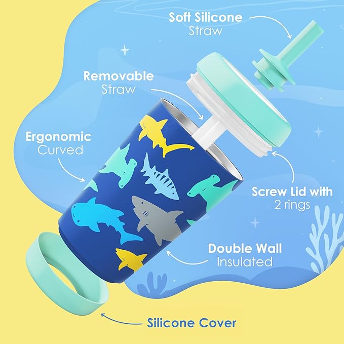 Kid Insulated Stainless Steel Tumbler with Silicone Straw, 12oz Sippy Cup for Kids (Sharks)-CubbioJoy