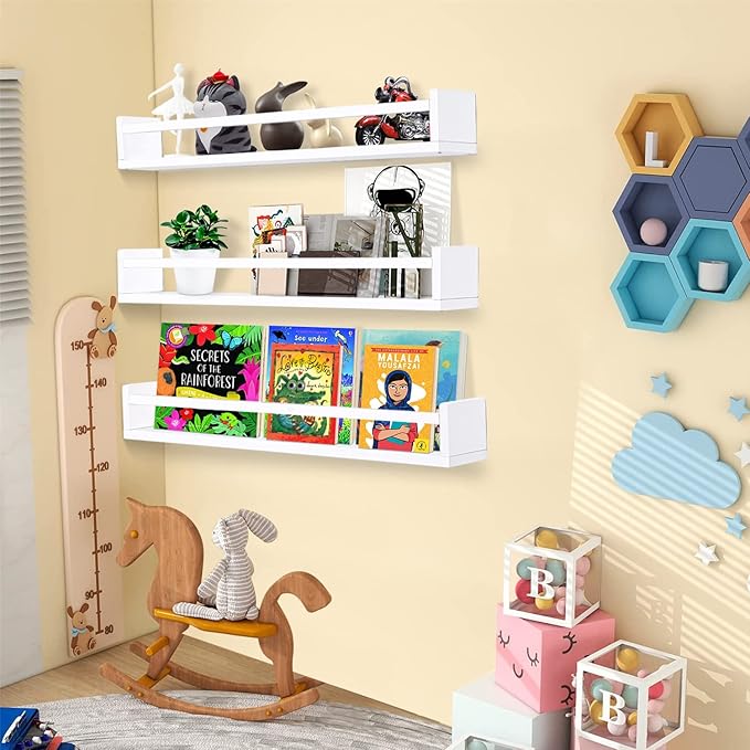 AZSKY Classic Nursery Book Shelves White Wall Book Shelves Kids Bookshelf for Bedroom Bathroom Décor Wall Ledge Shelves 36 in Hanging Shelves a Set of 3-CubbioJoy