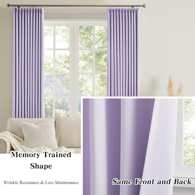 KEQIAOSUOCAI Lilac Blackout Curtain Drapes Pleated with Hooks,Thermal Insulated Solid Drapes Light Blocking Window Treatment for Bedroom Living Room(Lavender, 2 Panels, W40 x L102)-CubbioJoy