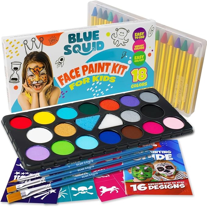 Blue Squid Body Crayon Sticks & Face Paint Kit Bundle - 18 XL Crayons & Markers for Skin & 18-color Face Painting Kit for Kids with 24x Stencils, Brushes, and Design Book, Ideal for Toddlers & Parties-CubbioJoy