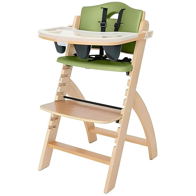 Abiie Beyond Junior Wooden High Chair with Tray - Adjustable and Convertible High Chair for Babies and Toddlers - 6 Months to 250 Lb - Water Resistant - Natural Wood/Olive Cushion-CubbioJoy