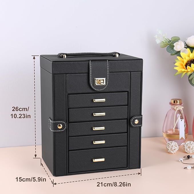 Kendal Jewelry Box, 6-Layer Jewelry Storage Organizer for Necklace Bracelet Rings Watch, 10.2"x8.2"x6" Classic Black PU Leather 5 Drawers Large Storage Capacity with Mirror-CubbioJoy