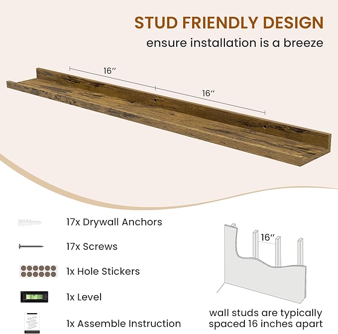 Axeman Picture Ledge Shelf, Floating Shelves for Wall Storage Set of 6, 48 inch Floating Wall Mounted Shelves, Wall Shelves with Lip for Living Room, Bedroom, Nursery, Bathroom, Kitchen, Rustic Brown-CubbioJoy