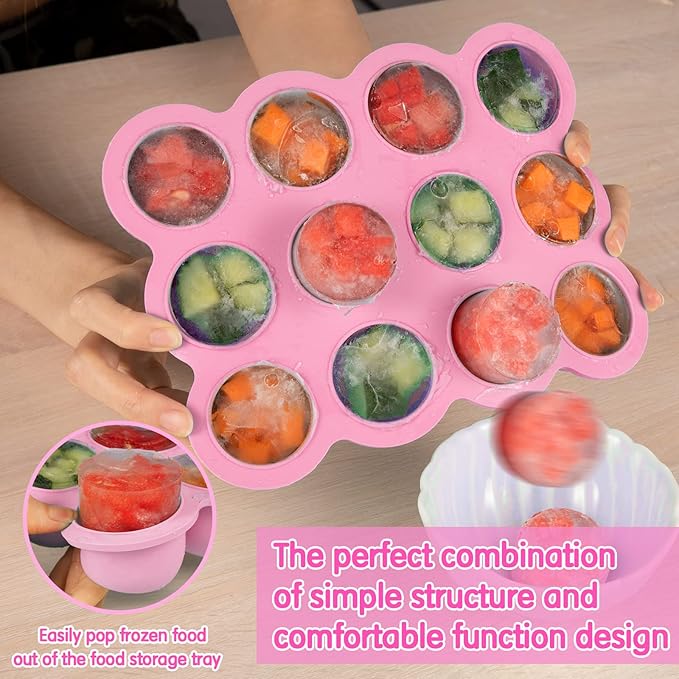 Baby Food Storage 12 x 1.5OZ Silicone Freezer Tray with Lid, Food Grade Silicone Containers for Purees & Vegetables Pink-CubbioJoy