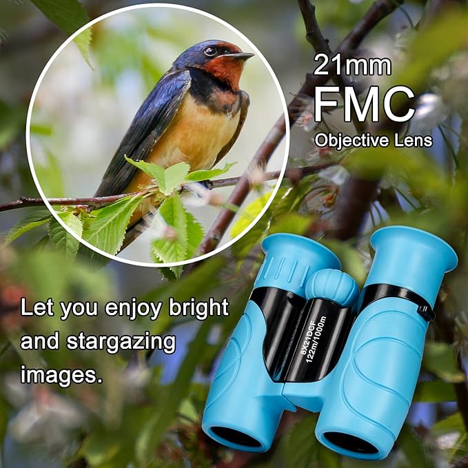 Binoculars for Kids 8x21, Gift for 3-12 Years Boys & Girls, Compact Kids Binoculars High-Resolution Shockproof Mini Binoculars for Bird Watching, Hiking, Camping, Travel Blue 302-CubbioJoy