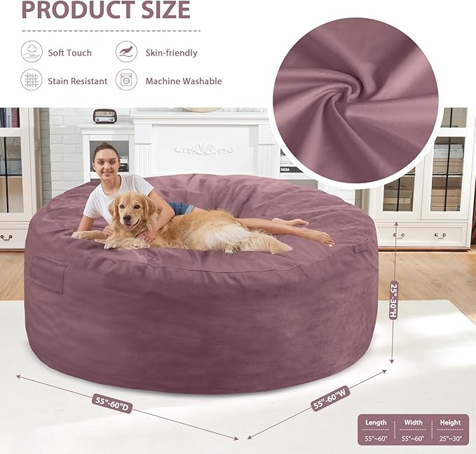 6FT Bean Bag Chair, Large Bean Bag Chairs with Memory Foam Filled, Fluffy Beanbag Sofa with Dutch Velvet Cover, Round BeanBag Chairs for Living Room, Playroom - Dusty Pink-CubbioJoy