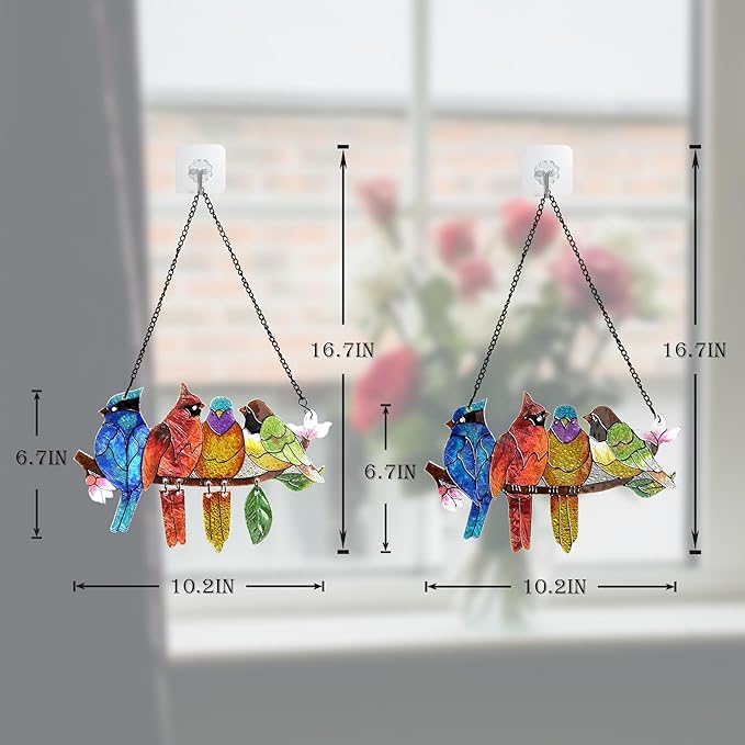2 Pack Stained Glass Window Hanging - Hummingbird Decorations Suncatcher Hand-Painted Double Sided Birds on A Branch Sun Catcher for Window Home Decor Gifts for Mom,Bird Lovers-CubbioJoy
