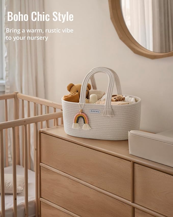 Blissful Diary Baby Diaper Caddy Organizer, Cotton Rope Diaper Caddy Basket, Oval Storage Basket, Gift for Baby Shower, Newborn Essentials, Beige-CubbioJoy