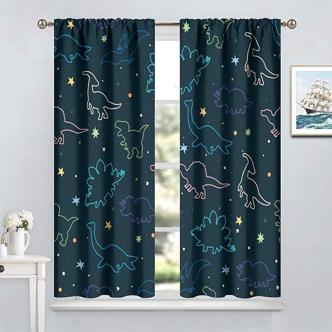 Cartoon Colorful Dinosaur Curtains for Kids Boys Girls Home Decor, Astronaut Funny Outer Space Star Blackout Rod Pocket Window Drapes for Bedroom Living Room W36xL63in 2 Panels-CubbioJoy