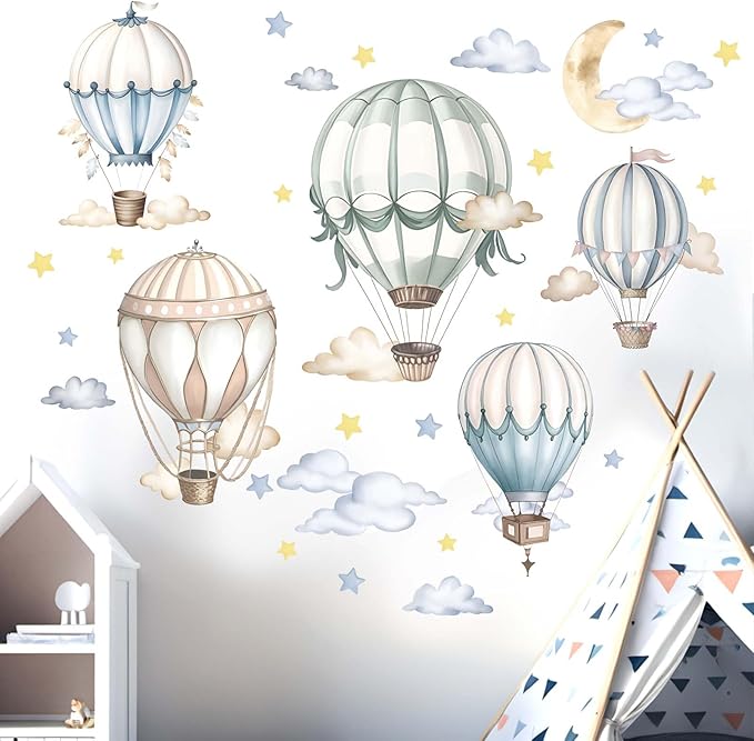 Baby Balloon Wall Stickers for Nursery: Kids Boys Girls Bedroom Wall Decals - Hot Air Balloon Stars Cloud-CubbioJoy