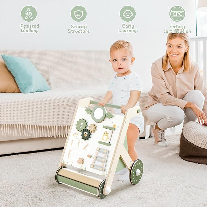 Beright Wooden Baby Walker with Roller Upgraded, Push and Pull Learning Activity Walker, Multi-Functional Kids’ Activity Toys, Develops Motor Skills & Stimulates Creativity, Green-CubbioJoy