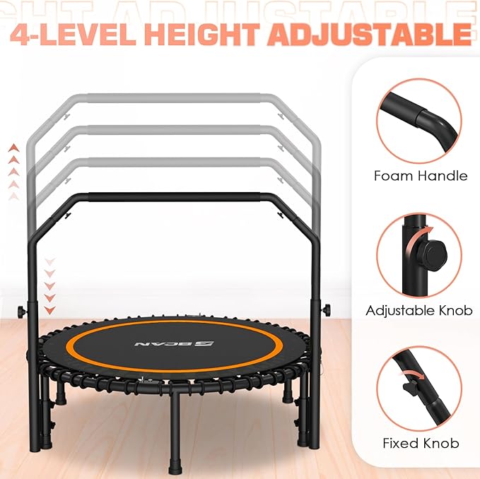 BCAN 40"/48" Mini Rebounder Trampoline for Adults with Bar, 450/550LBS Fitness Trampoline with Bungees, Adjustable Handle, Stable & Quiet, Indoor Outdoor, Whole-Body Workout & Relaxation at Home-CubbioJoy