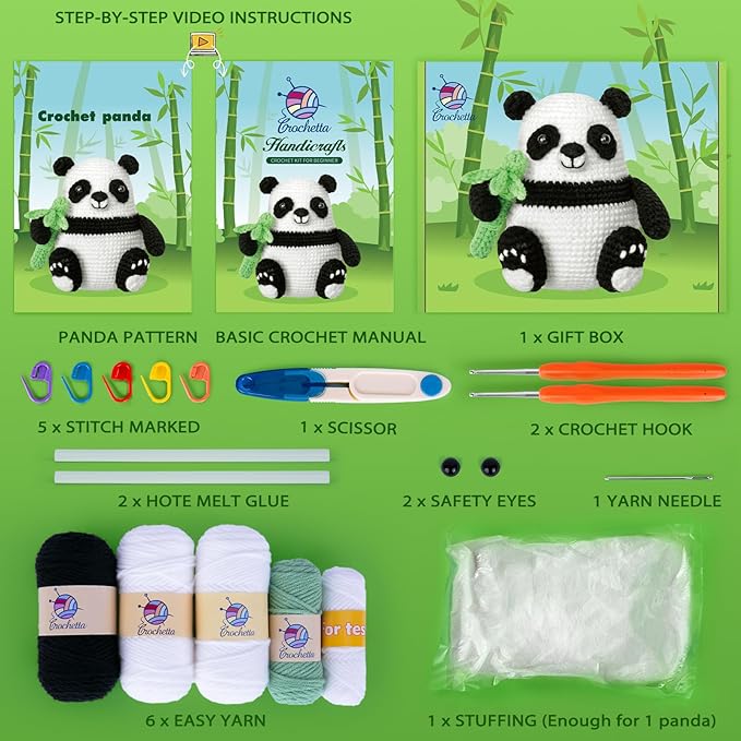 Crochetta Crochet Kit for Beginners, Crochet Kit w Step-by-Step Video Tutorials, Crochet Starter Kit Learn to Crochet Kits for Adults Kids Beginners, Crochet Kit Panda (40%+ Yarn Content)-CubbioJoy