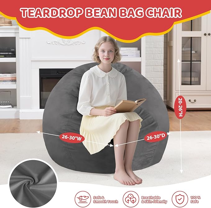 2FT Bean Bag Chair, Comfy Bean Bag Chairs with Memory Foam Filled, Fluffy Beanbag Sofa with Dutch Velvet Cover, Teardrop BeanBag Chairs for Living Room, Playroom - Grey-CubbioJoy