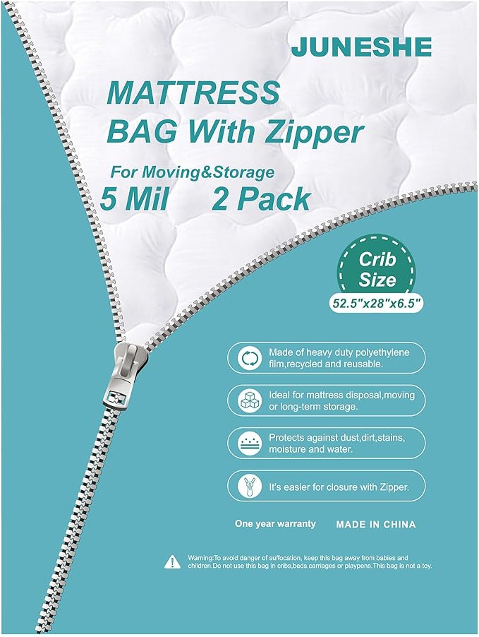 2 Pack Crib Mattress Storage Bags with Zipper -5 Mil Plastic Waterproof Crib Mattress Bags for Moving and Storage-CubbioJoy