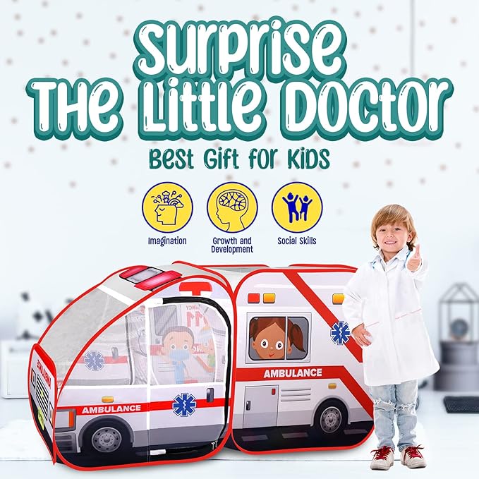 Ambulance Pop-up Play Tent for Kids with Sounds, Doctor Kit & Ball Pit for Toddlers & Up - Easy Setup Pop up Toy for Indoor & Outdoor, Emergency Vehicle Playset, Pretend Play, Great Gift-CubbioJoy