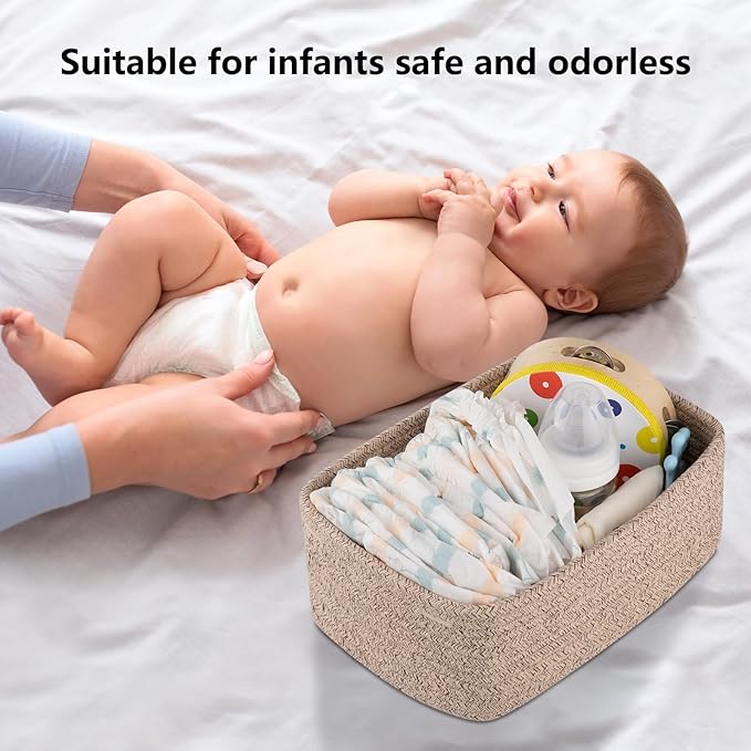 4 Pack Small Storage Shelf Baskets for Organizing, Mini Woven Rope Storage Bins for Towels, Cute Decorative Closet Organizer，Baby Nursery, Gift Empty Baskets -13.78''Lx9.84''Wx5.51''H-Brown-CubbioJoy