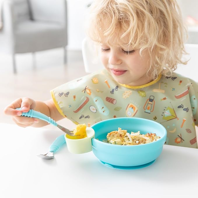 Bumkins Toddler Utensils, Kids Size Fork and Spoon Set, Silicone and Stainless-Steel Training Silverware, Angled Forks / Sporks for Self-Feeding, Children Hold Learning to Eat, 18 Months Up, Blue-CubbioJoy