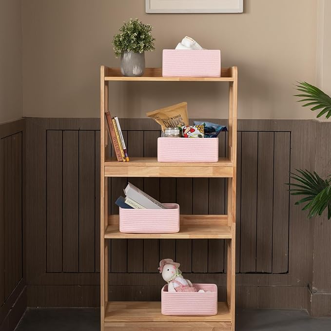 4 Pack Small Storage Shelf Baskets for Organizing, Mini Woven Rope Storage Bins for Towels, Cute Decorative Closet Organizer，Baby Nursery, Gift Empty Baskets -11.81''Lx7.87''Wx4.72''H-Pink-CubbioJoy