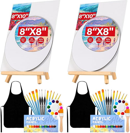 Date Night Painting Kit, 62 Pcs Detail Paint Brushes Canvas Panels with Wood Easel 12 Colors Acrylic Paint, Circular Canvas Art Aprons Sip and Paint Supplies for Adults, Kids, and Beginner-CubbioJoy