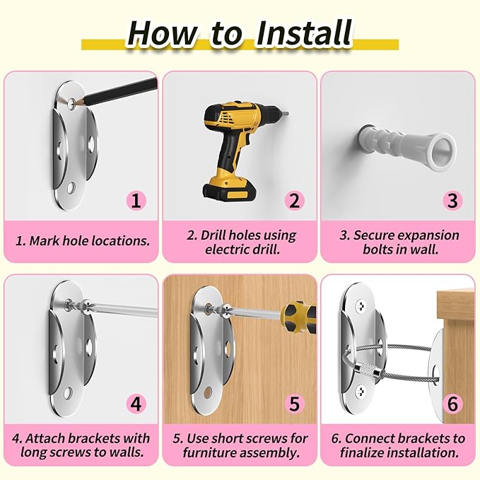 Anti Tip Furniture Anchors (6 Packs) Furniture Anchors for Baby Proofing, Earthquake Straps for Furniture Dresser Wall Safety Anchor Furniture Safety Straps Wall Straps, Silver-CubbioJoy