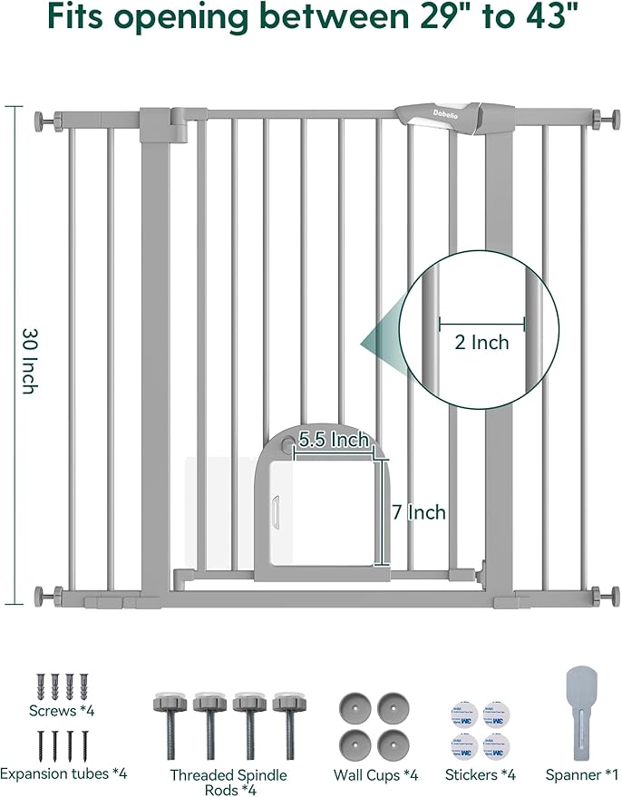 Babelio 36" Tall Upgraded Baby Gate with Cat Door,29-43" Auto Close Durable Dog Gate for Stairs,Doorways and House,Easy Walk Thru,Includes 4 Wall Cups,Gray-CubbioJoy