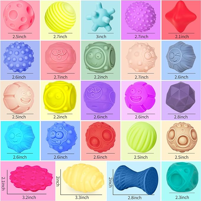 24 Pcs Sensory Balls for Toddlers, Sensory Baby Toys, Montessori Toy for Babies Squeeze, Infant Toys Soft Multi Ball Set Gifts with Bright Color Textured-CubbioJoy