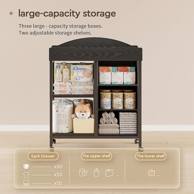 Changing Table Dresser, Baby Dresser with 3 Fabric Drawers and 2 Shelves, Multi-Functional Baby Changing Table with Pad, Classic Nursery Dresser, Diaper Changing Station for Nursery, Black-CubbioJoy