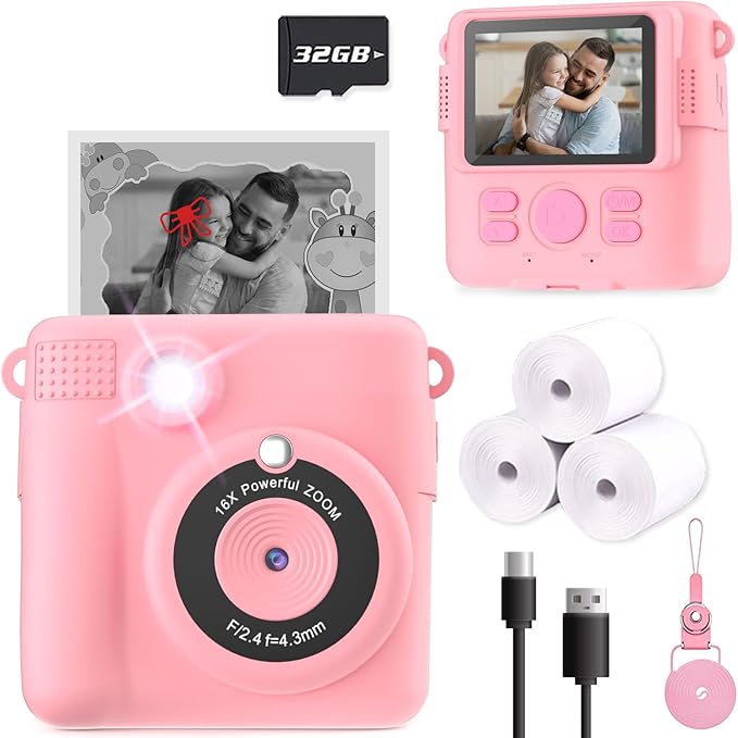 Instant Print Camera for Kids, Christmas Birthday Gifts Girls Boys Age 3-12, HD Digital Video Cameras Toddler, Portable Toy 3 4 5 6 7 8 9 10 Year Old Girl with 32GB SD Card-Pink-CubbioJoy