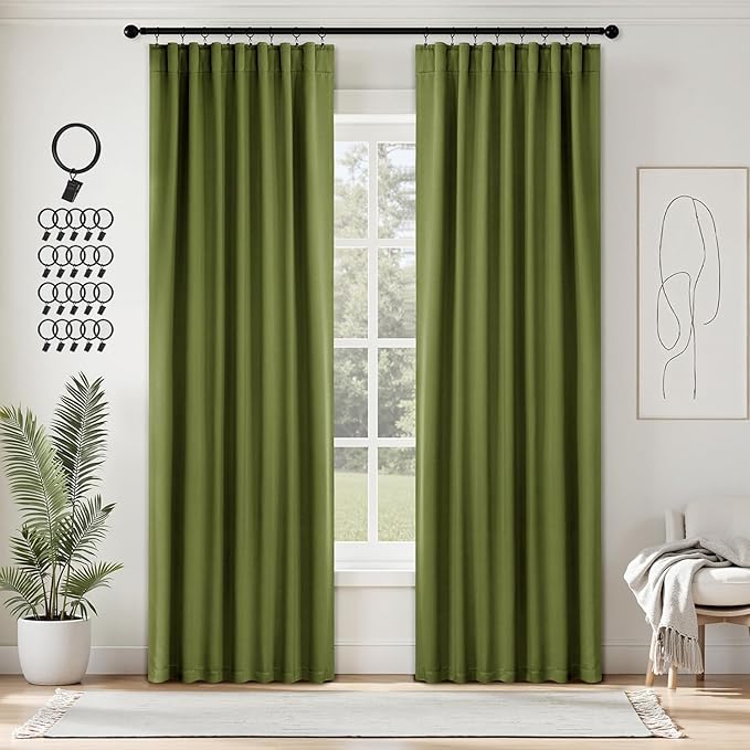ANRODUO Back Tab Blackout Curtains for Bedroom Living Room, Rod Pocket Pinch Pleated Thermal Insulated Room Darkening Curtains 84 Inches Long 2 Panels, Olive Green, 42 x 84 Inch-CubbioJoy