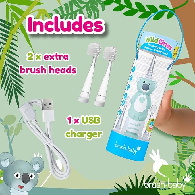 brush-baby WildOnes™ Rechargeable Kids Electric Toothbrush – Koala | Flashing Lights, 2-Min Timer, Waterproof, 3 Brush Heads | Toddler & Child Toothbrush Ages 0-10 | Soft Bristles-CubbioJoy