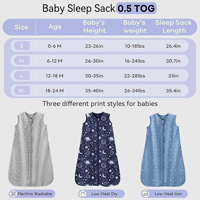 Baby Sleep Sack 6-12 Months 3 Pack 100% Cotton Lightweight 0.5 TOG Wearable Blanket Baby Sleep Bag with 2-Way Zipper for Newborn Infant Blue-CubbioJoy