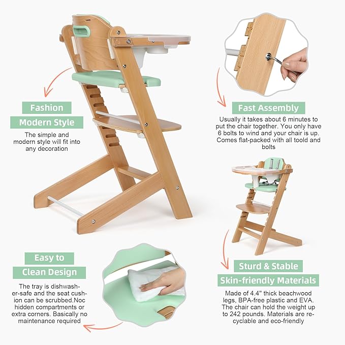 Cowiewie Natural Wooden High Chair for Babies & Toddlers 3-Tier Remove Adjustable Tray and Highchair with Cushions, Easy to Clean, Portable(Green)-CubbioJoy