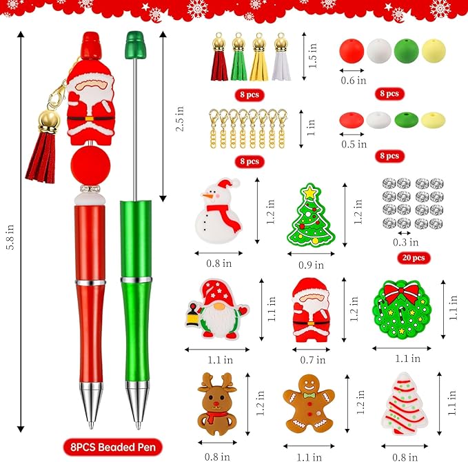 CZWZ 8 Pcs Christmas Beadable Pens, Plastic Beadable Pens with Multicolor Silicone Beads, Christmas Snowman Pine Tree Floral Hoop Deer Pens for Christmas Gifts Office School Supplies-CubbioJoy