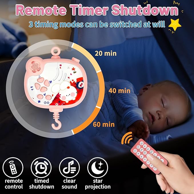 Baby Mobiles for Cribs, Crib Mobile with Music and Lights, Nursery Musical Mobile for Bassinets Hanging Toys with Remote Control, Rotation, Projection, Animal Mobile Arm Clip On for Infant Boys Girls-CubbioJoy
